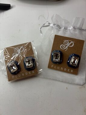 Plunder Navy and Clear Rectangular Crystal Stud Earrings Set of Two NWT